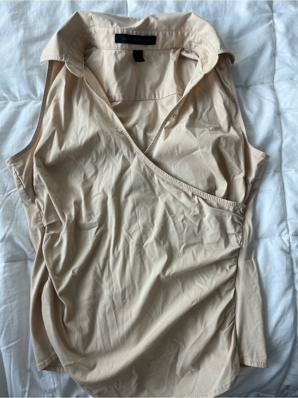 Express Sleeveless Wrap-Front Blouse in Light Beige